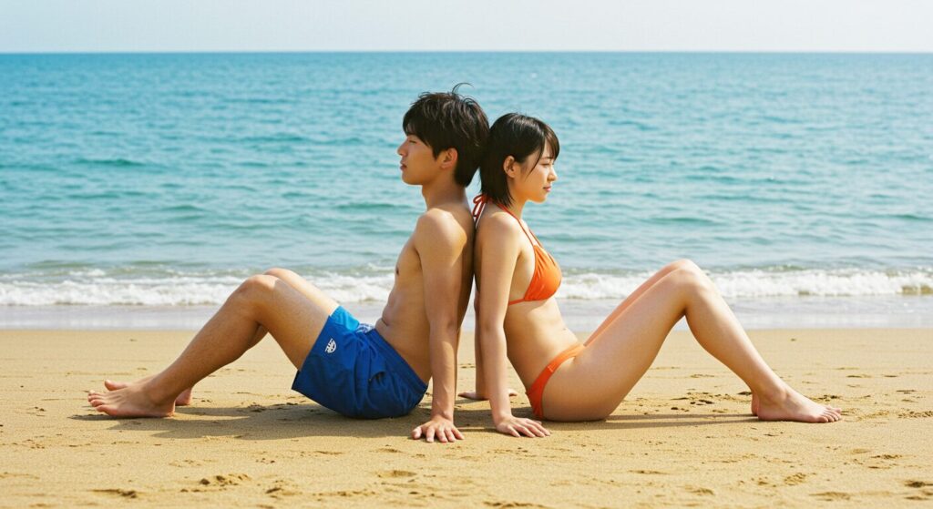 砂浜に座っている男女