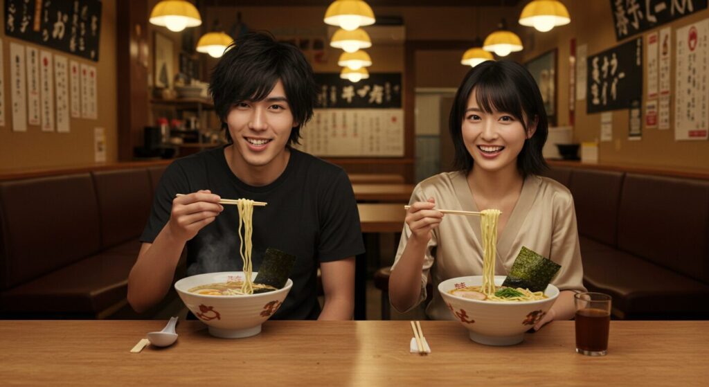 ラーメンを食べている男女