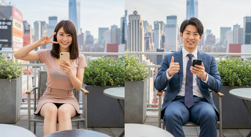 楽しそうにラインしている男女