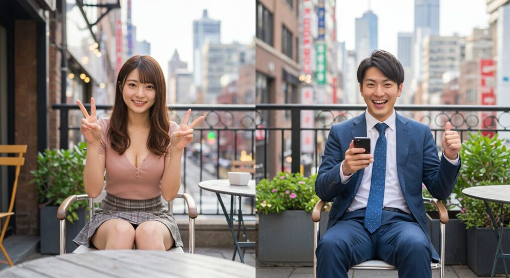 嬉しそうにメールしている男女