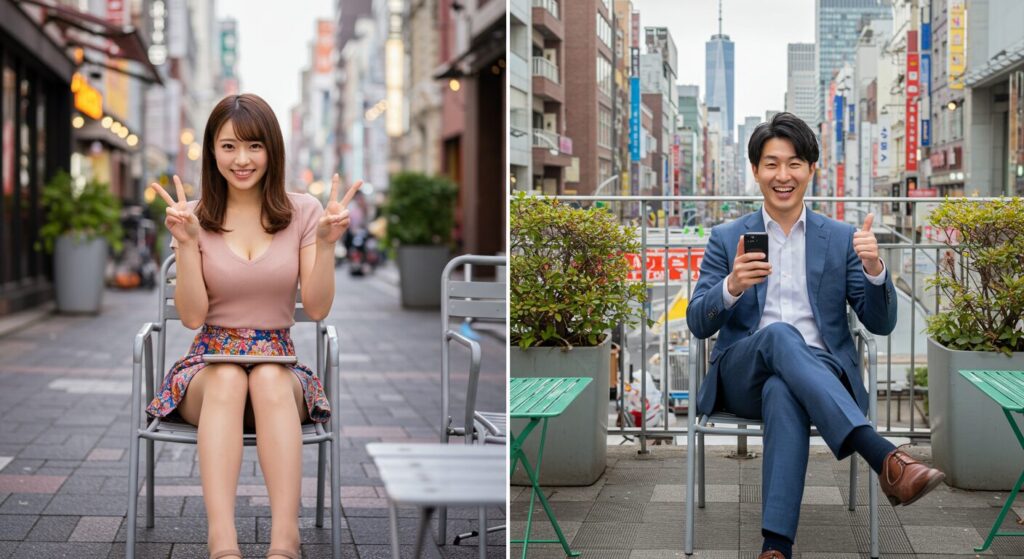 楽しそうにラインしている男女