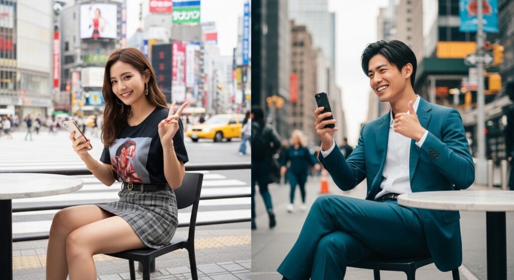 嬉しそうにラインしている男女