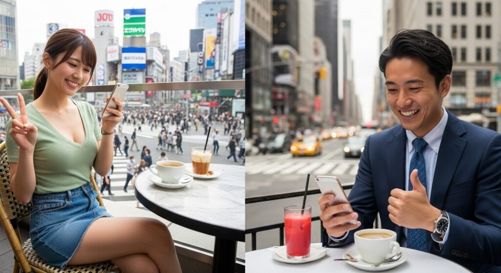 スマホを見て喜ぶ男女