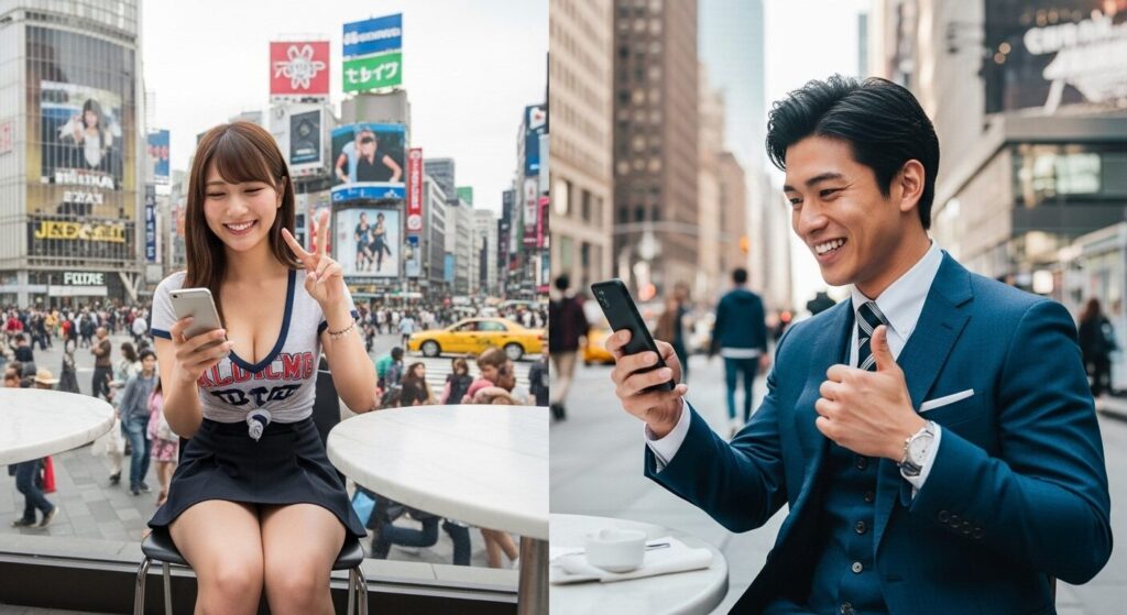 スマホを見て喜んでいる男女