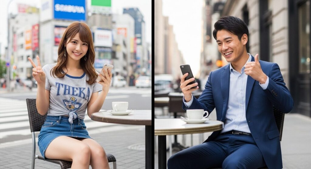 嬉しそうにラインしている男女