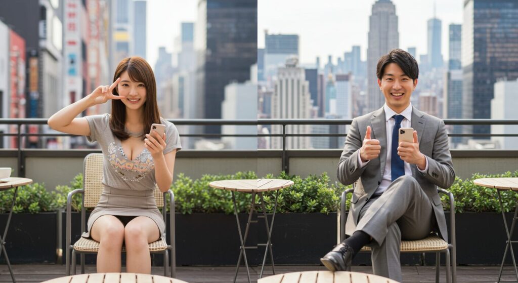 楽しそうにラインしている男女