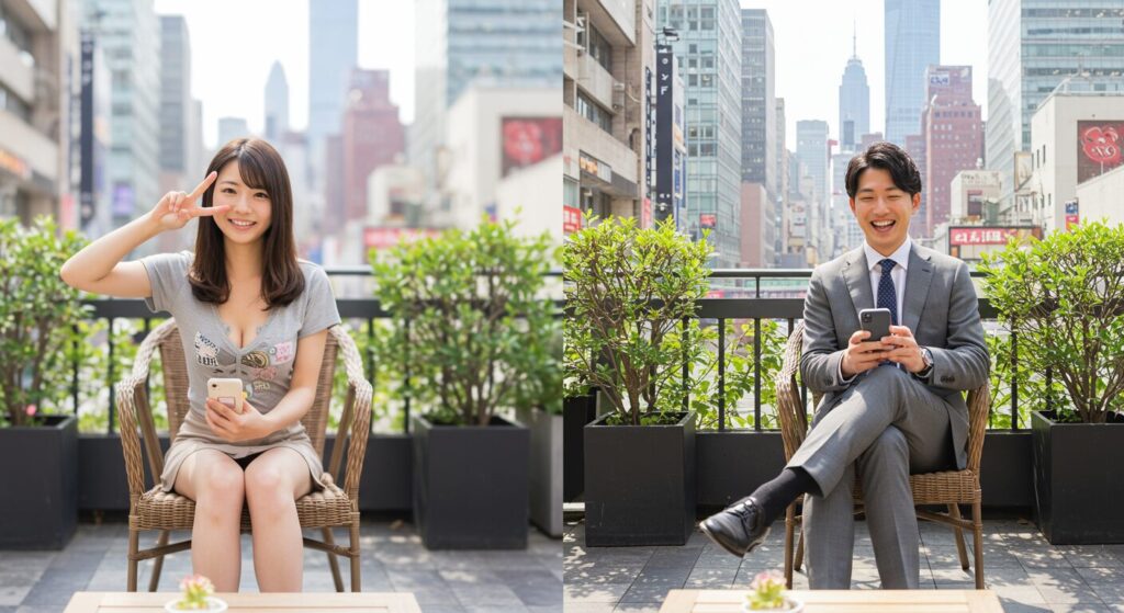 楽しそうにラインしている男女