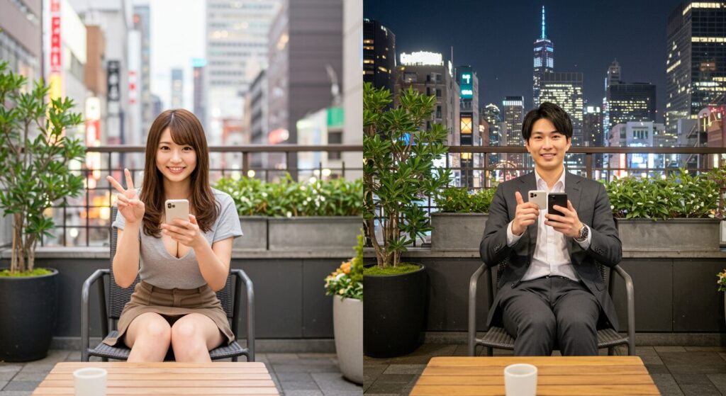 嬉しそうにラインしている男女