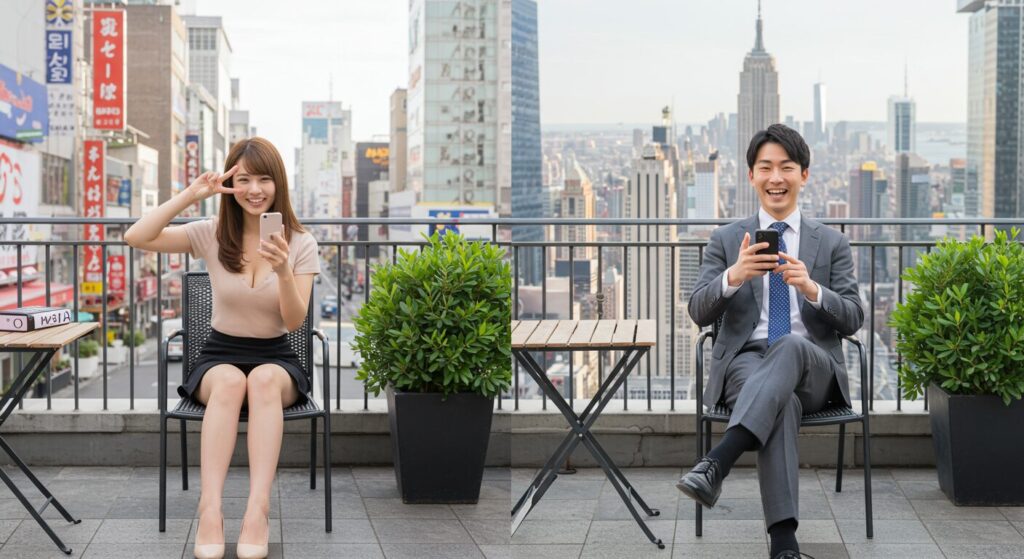 嬉しそうにラインしている男女