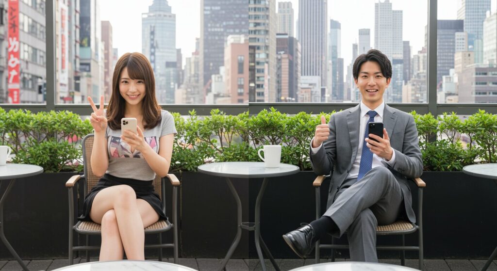 楽しそうにラインしている男女