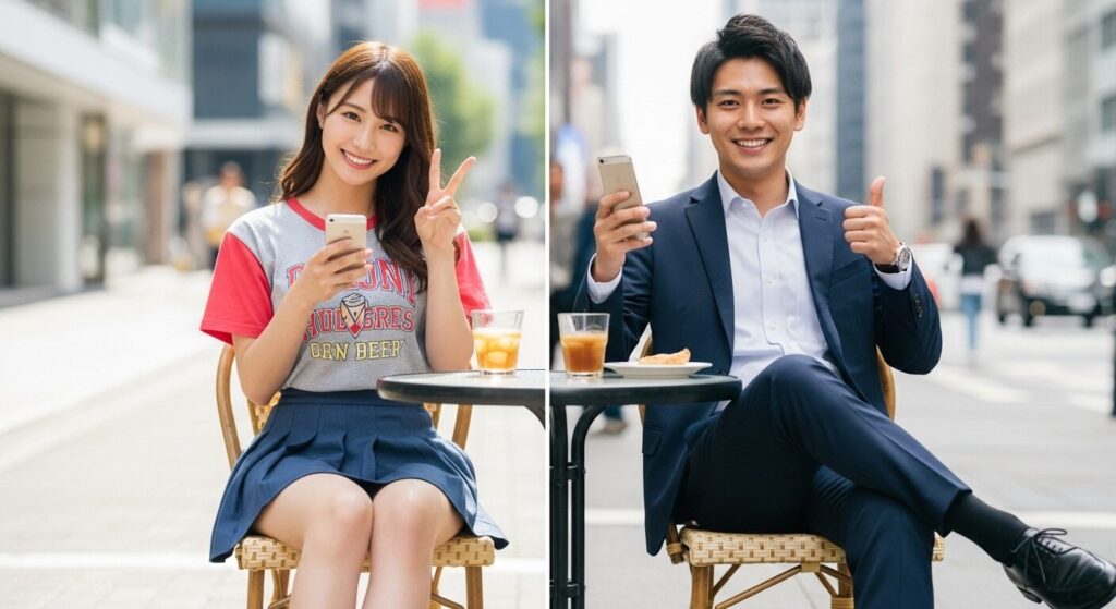 嬉しそうにラインしている男女