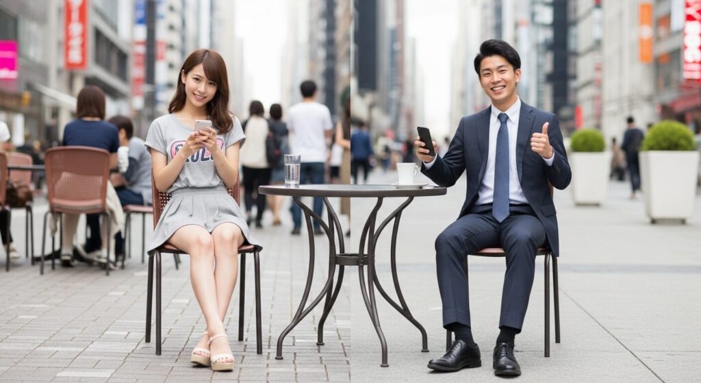 楽しそうにラインしている男女