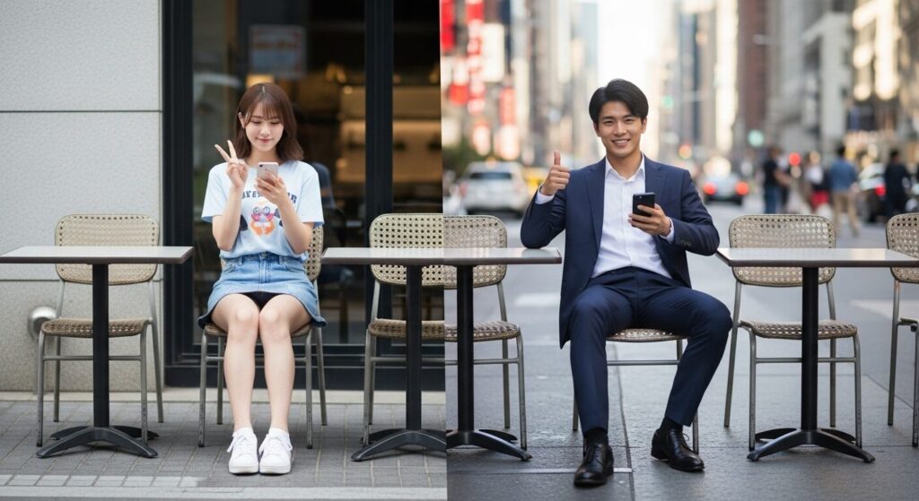 楽しそうにラインしている男女