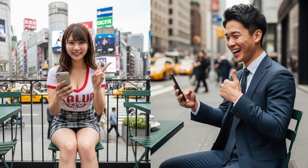 嬉しそうにラインしている男女