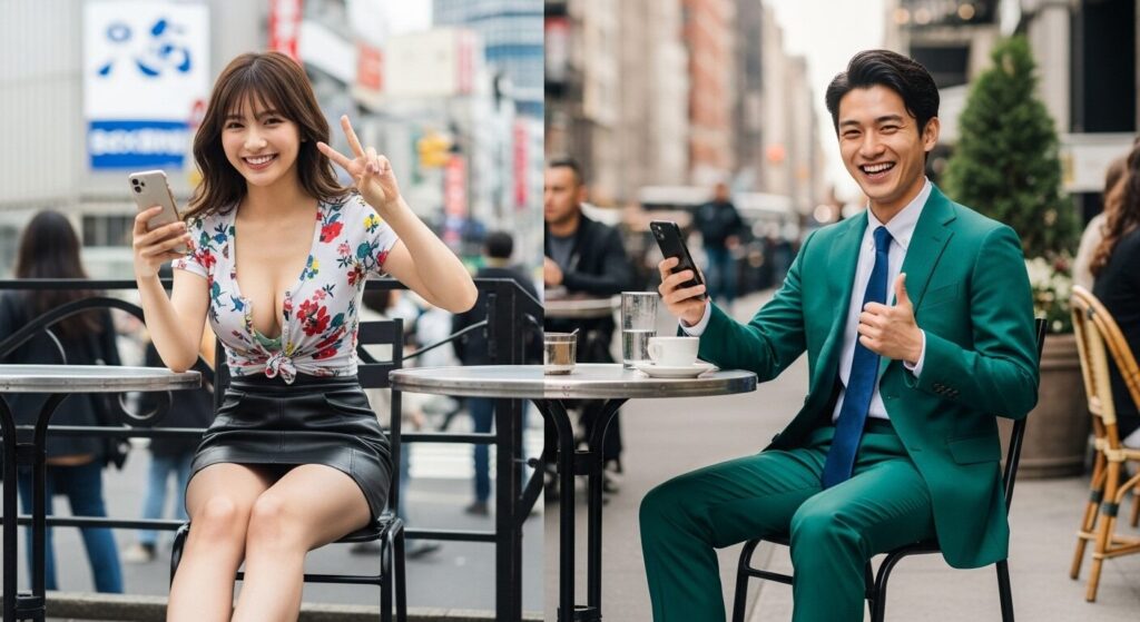 嬉しそうにスマホを見ている