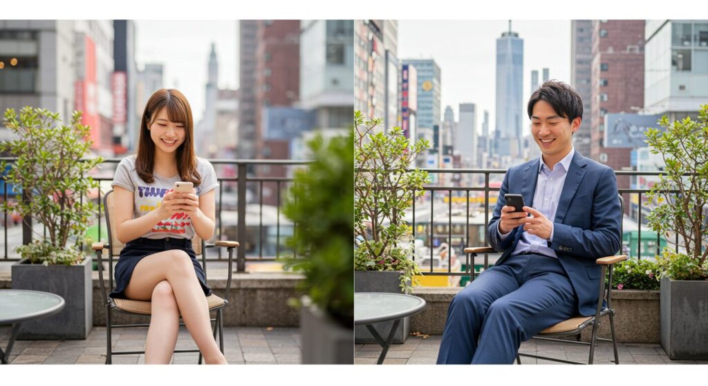 Eメールしている男女