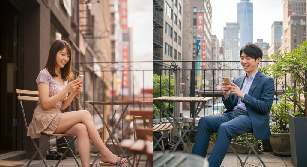 楽しそうにラインしている男女