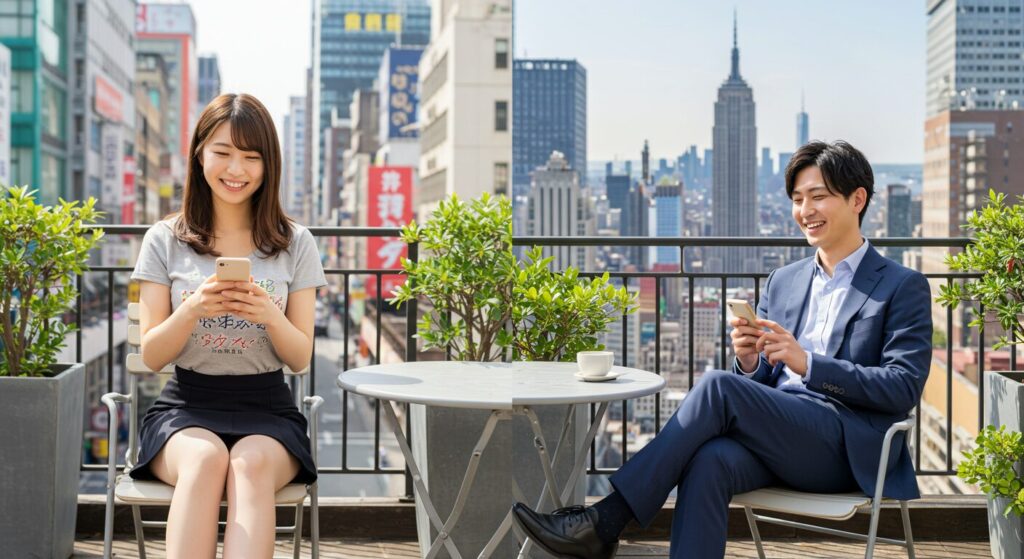 楽しそうにラインしている男女