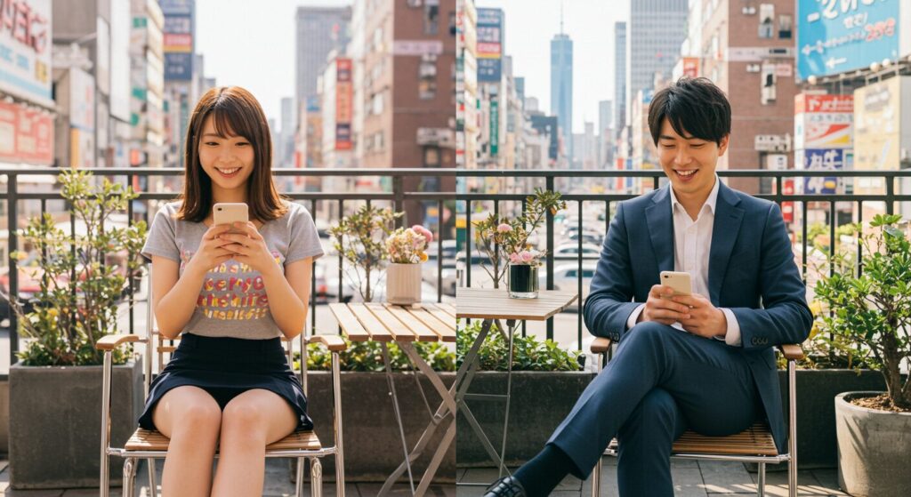 嬉しそうにラインしている男女