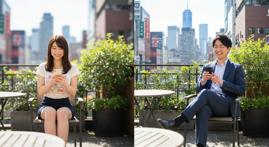 嬉しそうにラインしている男女