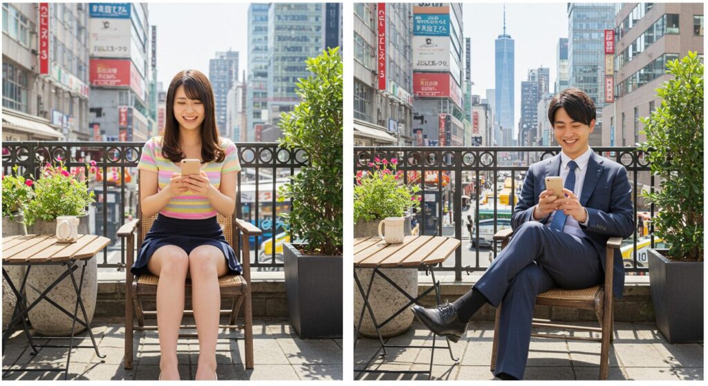 楽しそうにラインしている男女