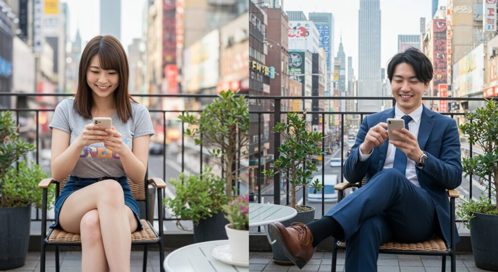 楽しくメールしている男女