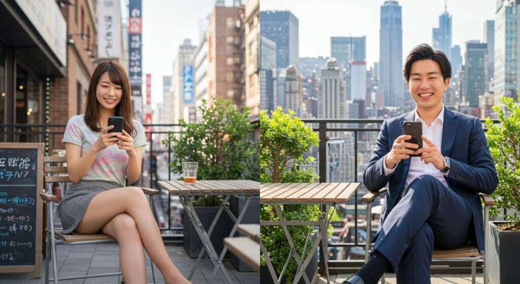 嬉しそうにラインしている男女