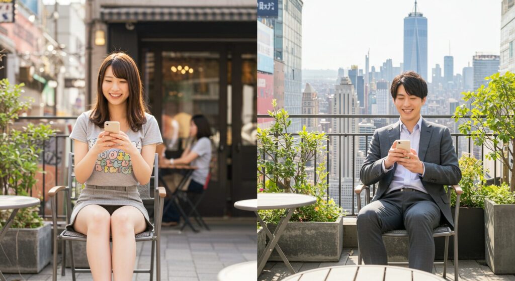 嬉しそうにラインしている男女