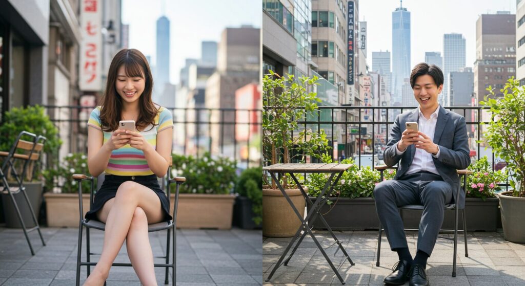 嬉しそうにラインしている男女