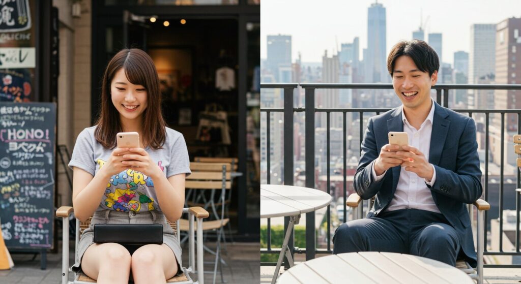 嬉しそうにラインしている男女
