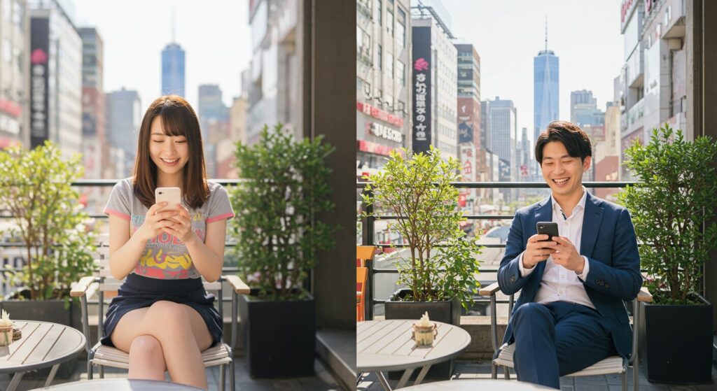 楽しそうにラインしている男女