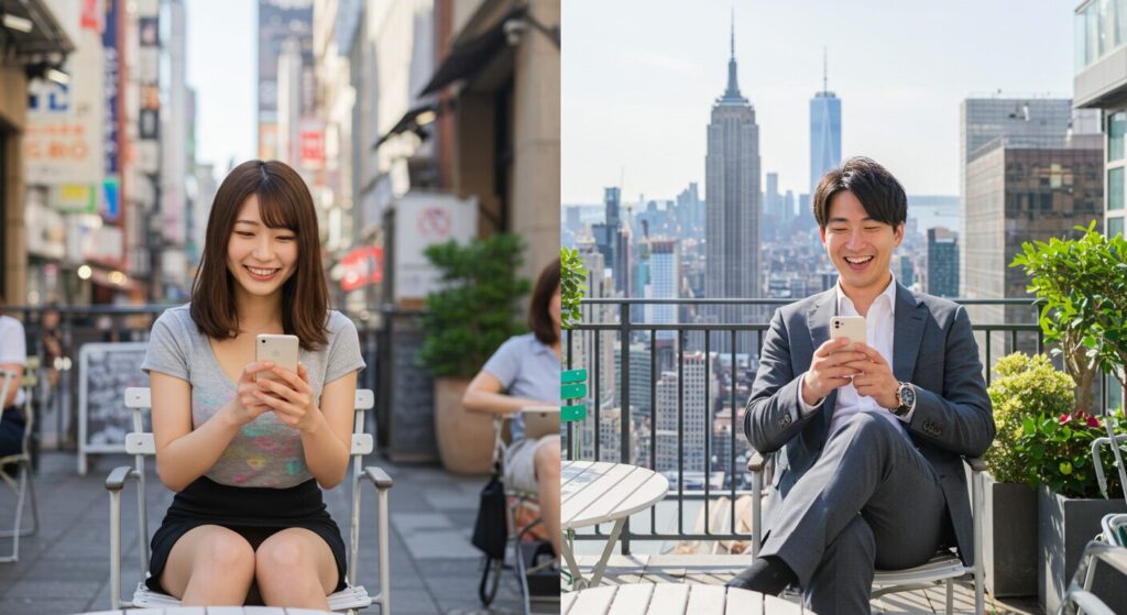 嬉しそうにラインしている男女