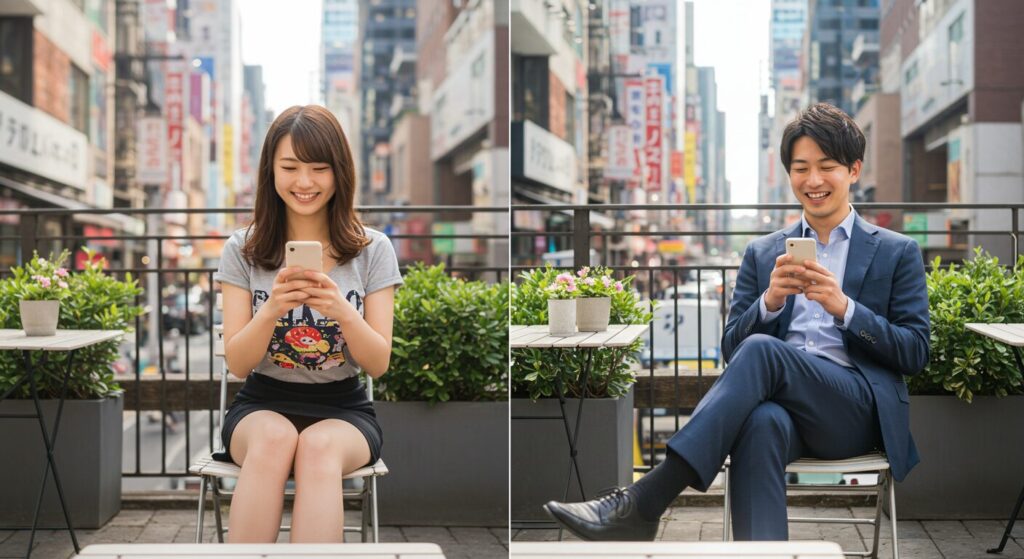 楽しそうにラインしている男女