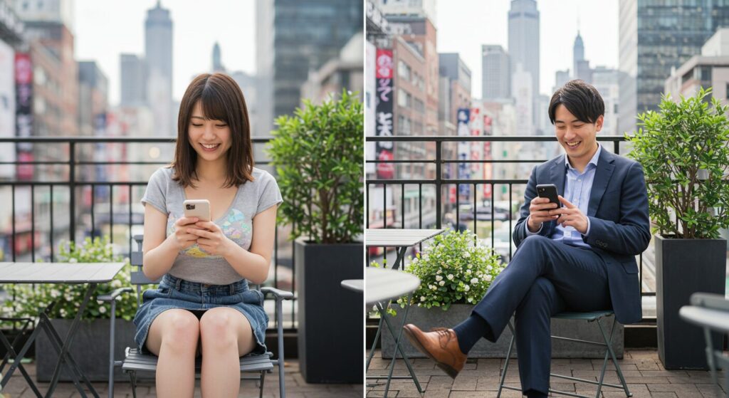 嬉しそうにラインしている男女