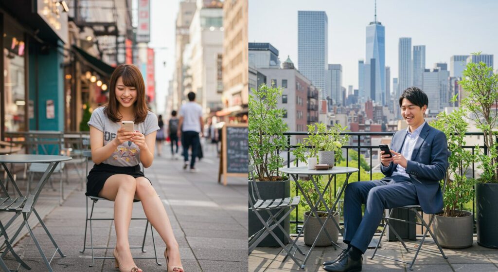 嬉しそうにラインしている男女