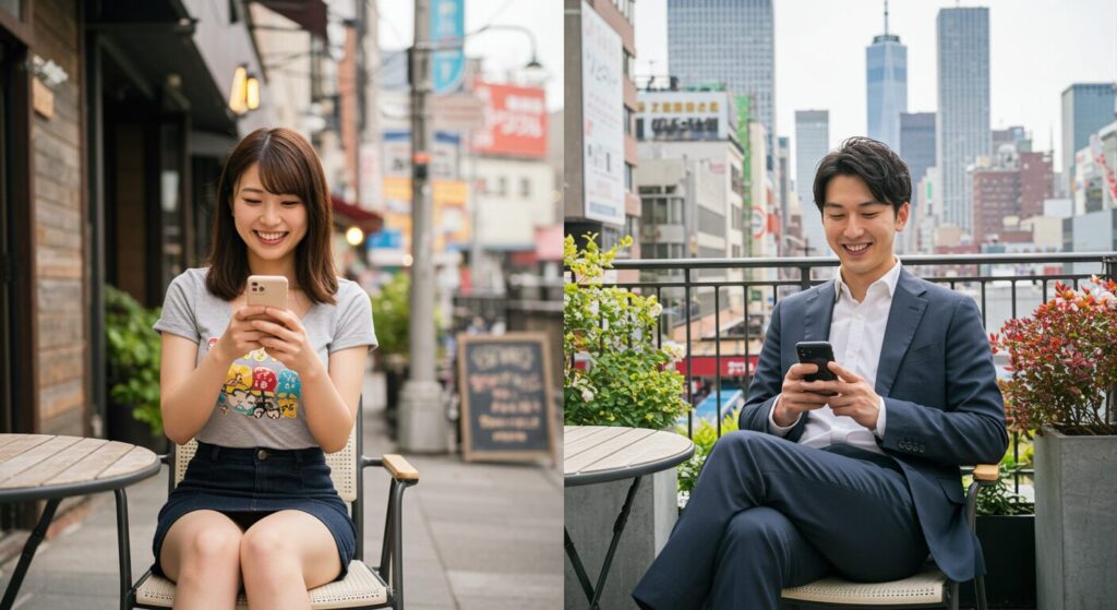 楽しそうにラインしている男女