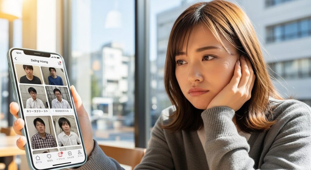 スマホを見て悩んでいる女性