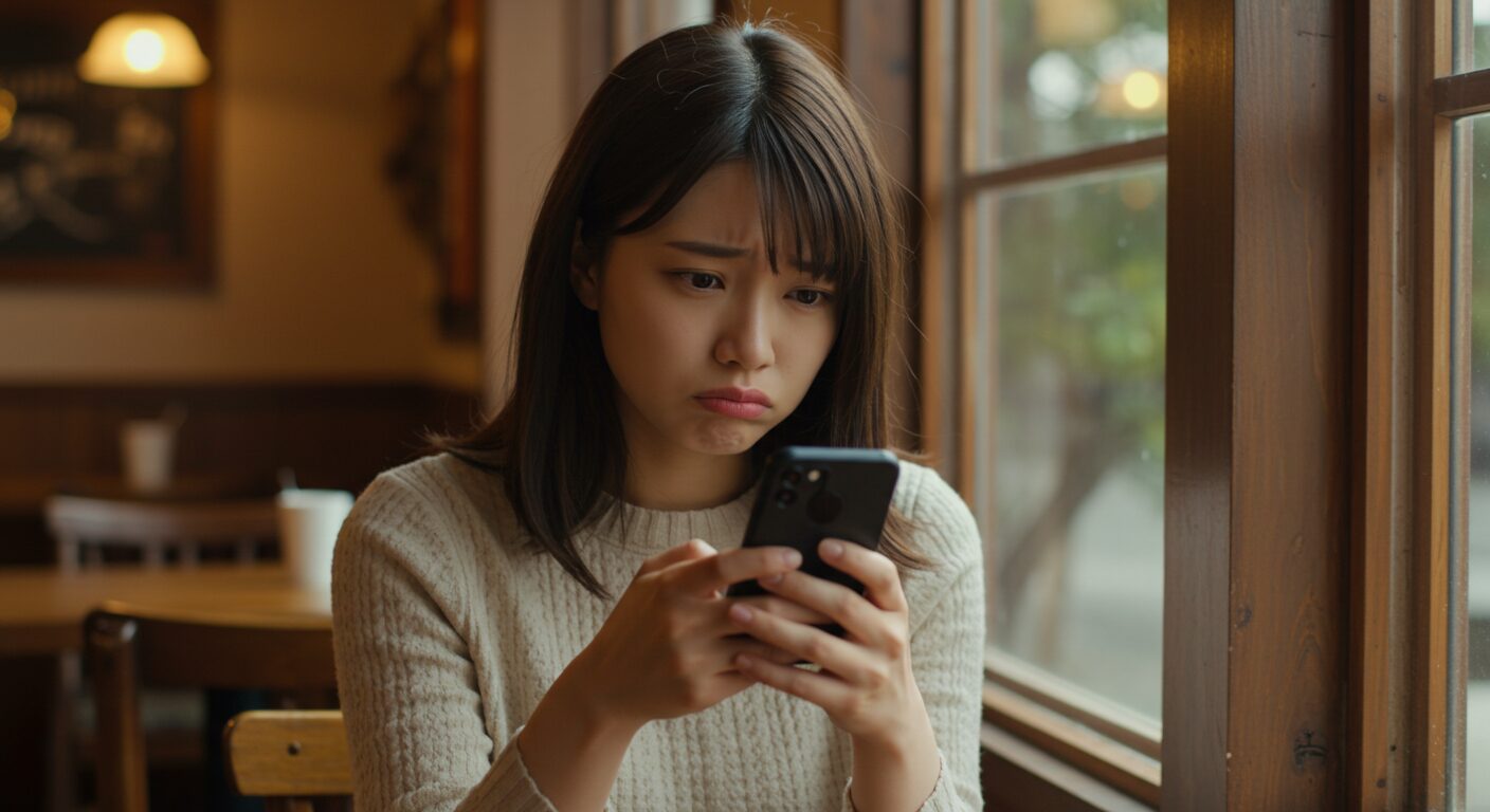 スマホを見て悩んでいる女性