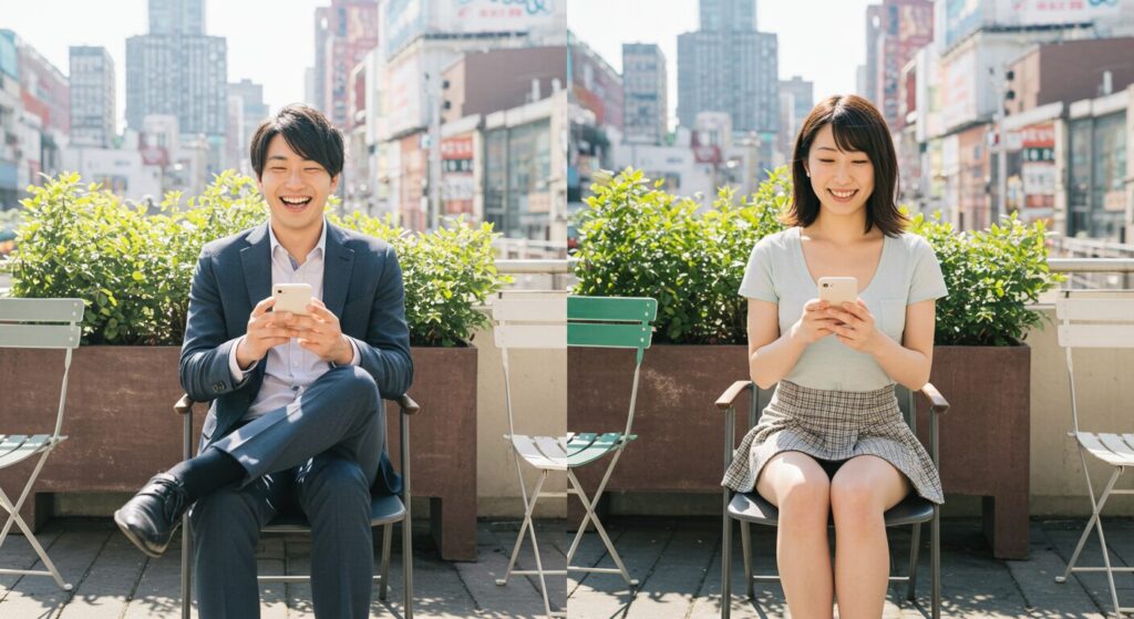 楽しそうにラインしている男女