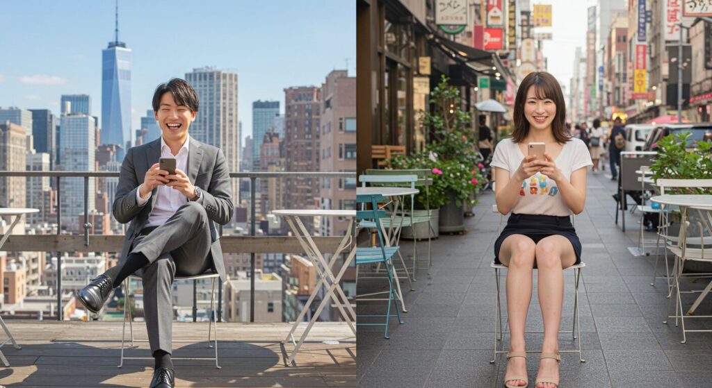 楽しそうにラインしている男女