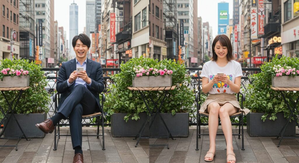 楽しそうにラインしている男女