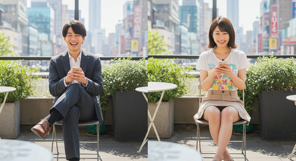 楽しそうにラインしている男女