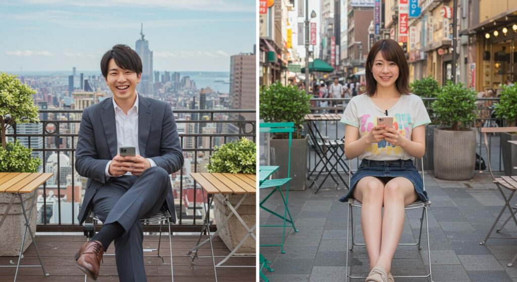 嬉しそうにラインしている男女