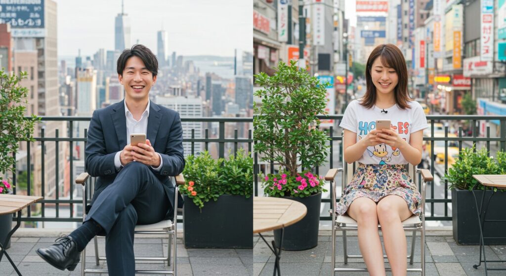 楽しそうにラインしている男女