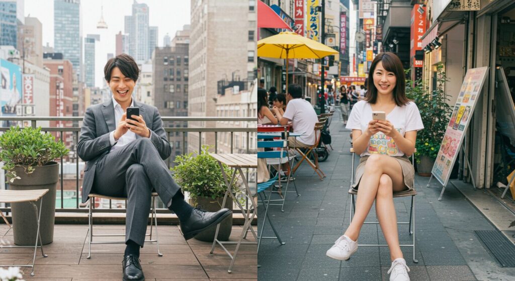 楽しそうにラインしている男女