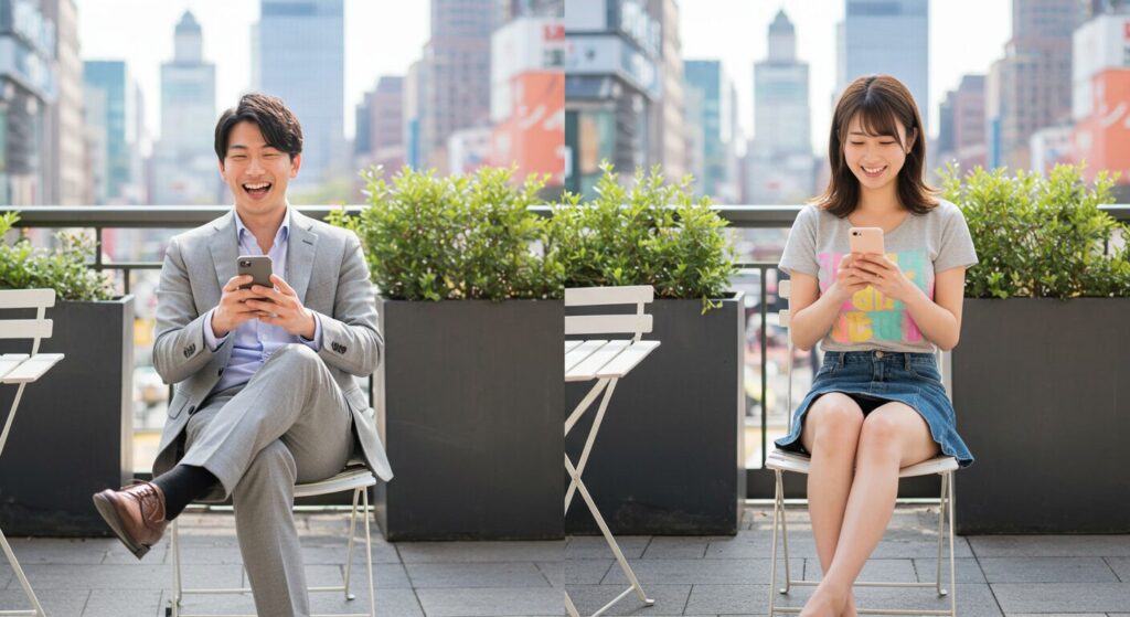 嬉しそうにラインしている男女