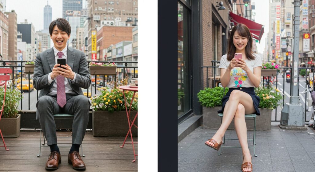 嬉しそうにラインしている男女