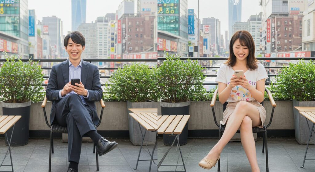 楽しそうにラインしている男女