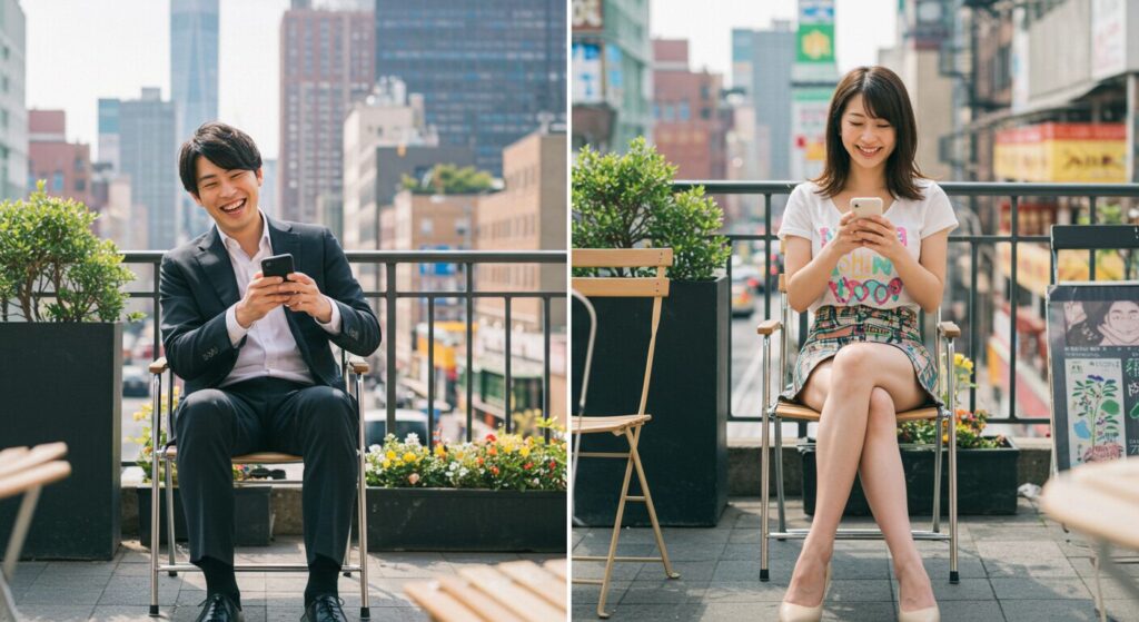 嬉しそうにラインしている男女