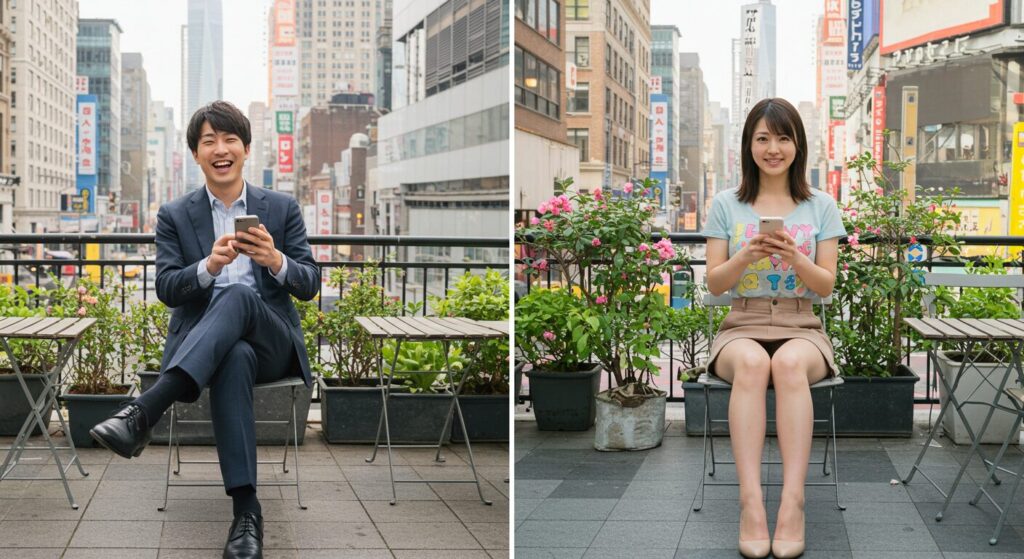 楽しそうにラインしている男女